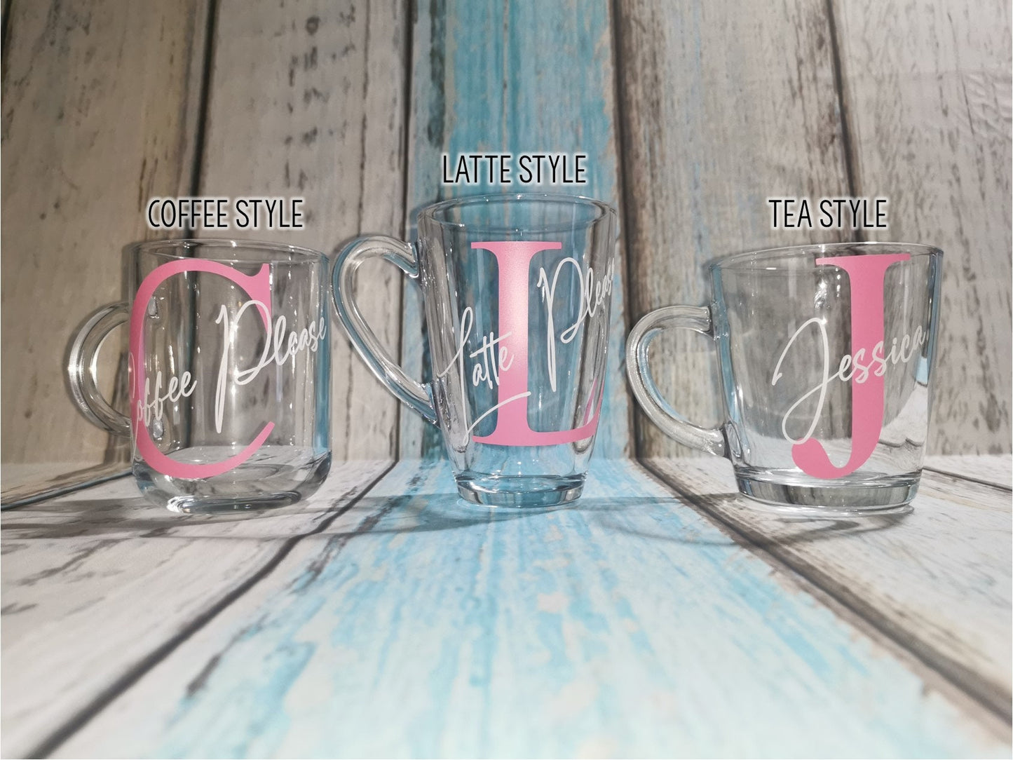 Custom Glass Coffee Mugs with Personalisation - Initial and Name or your choice of drink "Coffee Please"