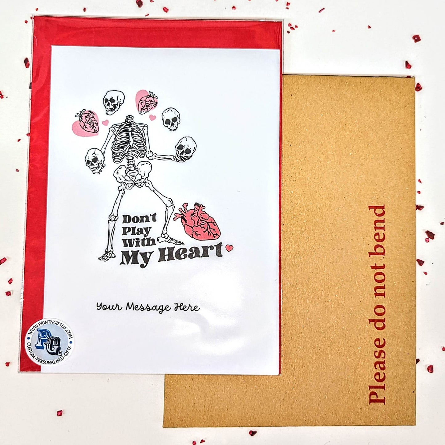 "Don't play with my heart" Alternative Valentine's Day Skeleton Greetings Card with red Envelope
