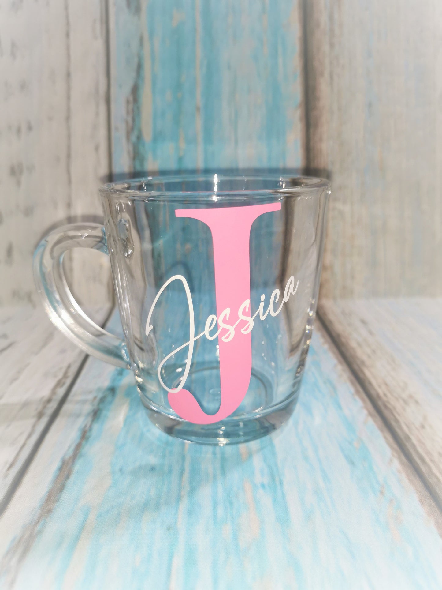 Custom Glass Coffee Mugs with Personalisation - Initial and Name or your choice of drink "Coffee Please"