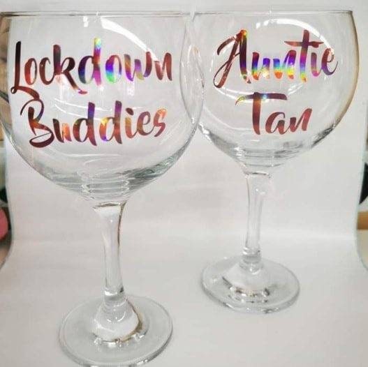 Gin Glass in Rose Gold Chrome Vinyl lettering - Custom Personalised Glass With Any Text you Like.