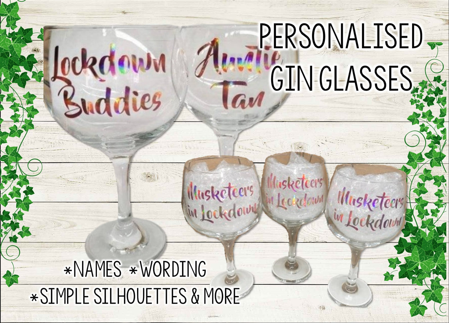 Gin Glass in Rose Gold Chrome Vinyl lettering - Custom Personalised Glass With Any Text you Like.