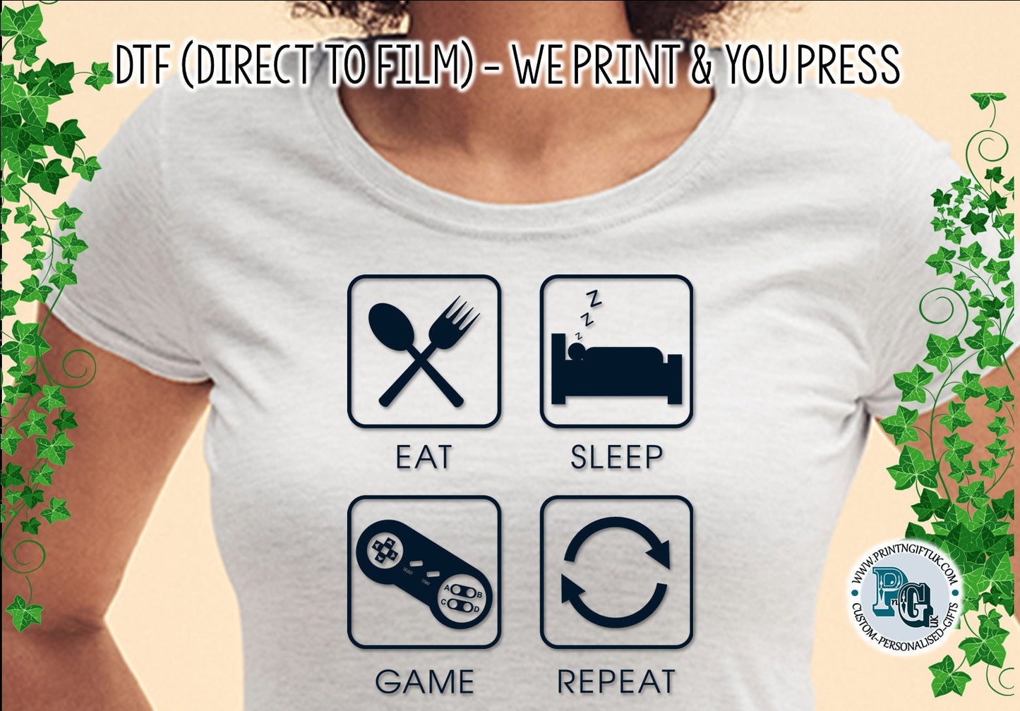 DTF Transfer: "Eat, Sleep, Game" Design